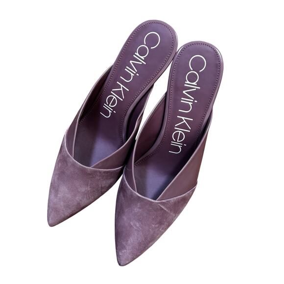 Calvin Klein "Gosha" purple lavender suede & patent leather high heel mules 10M - Picture 13 of 13